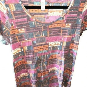 Lularoe‎ small red, orange , green, retro luggage Classic T. “ unicorn print” .